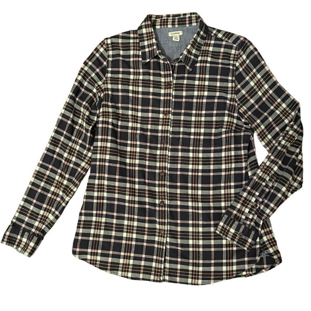 L.L. Bean Black, Cream and Tan Plaid Button-Down Shirt